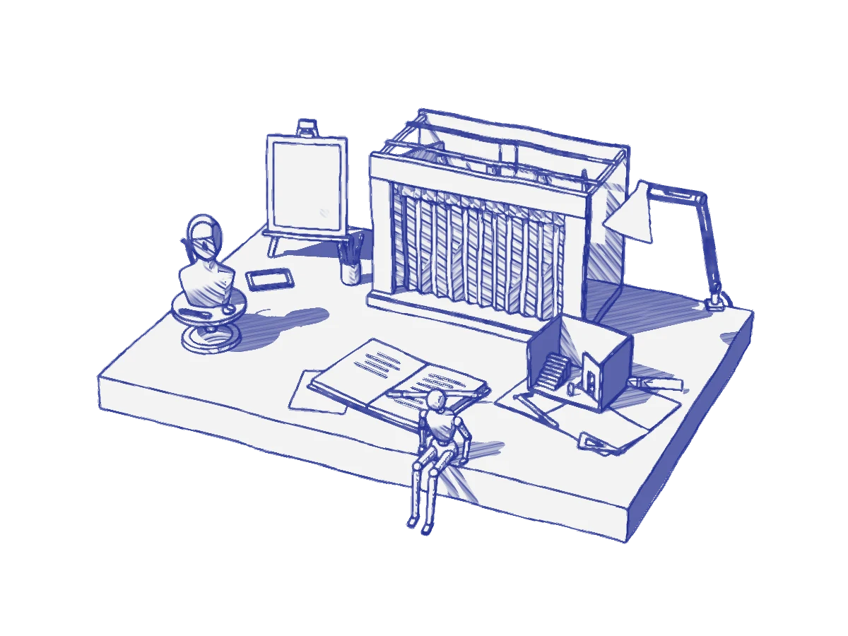 La maquette du site, dessinée au trait : le socle et ses objets.