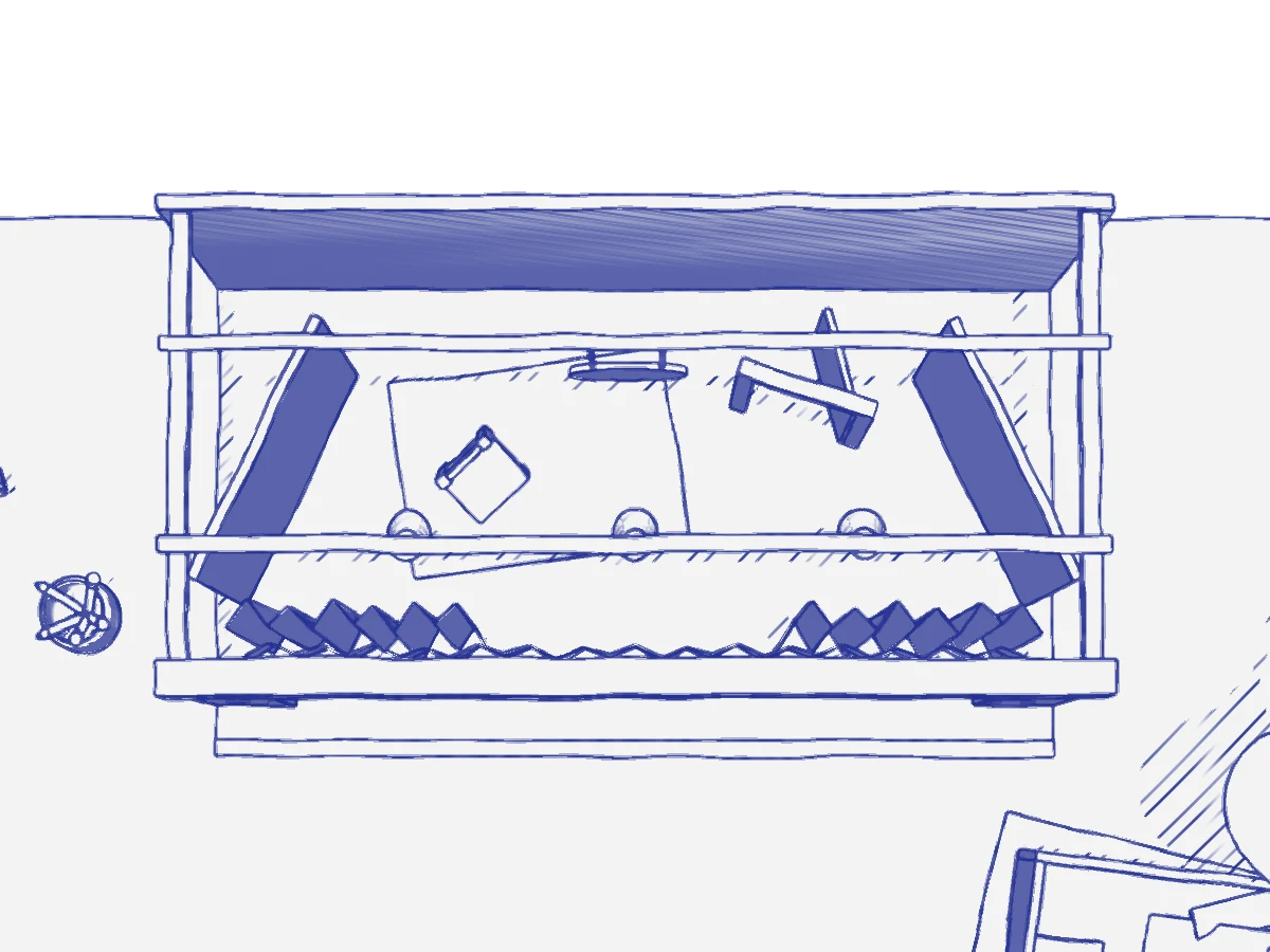 Le petit théâtre vu de dessus, comme un plan : cadre de scène, rideau, praticable, chaise.