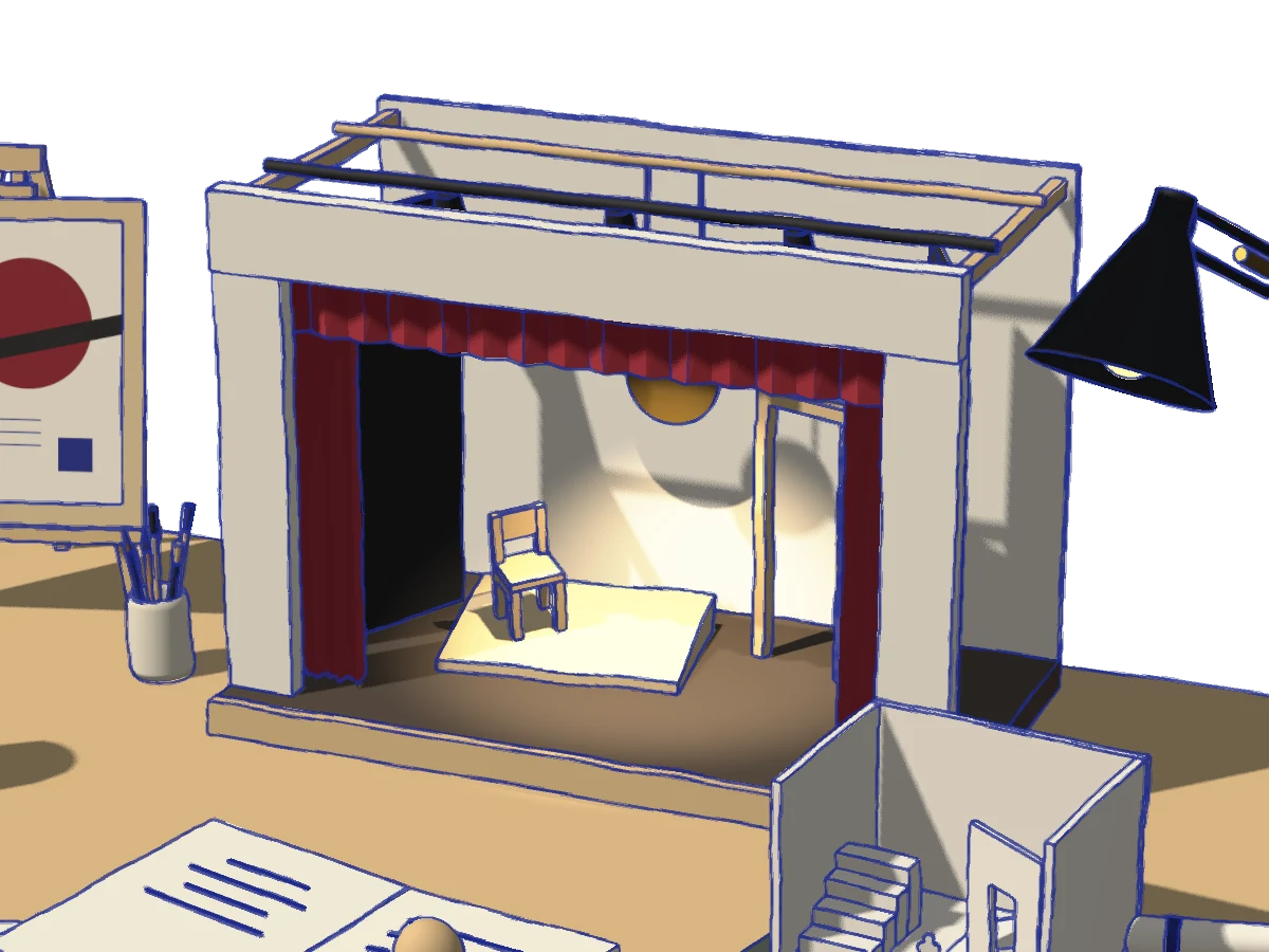 Le petit théâtre en matière : rideau de velours rouge ouvert, plancher de bois, une chaise sous la lumière.