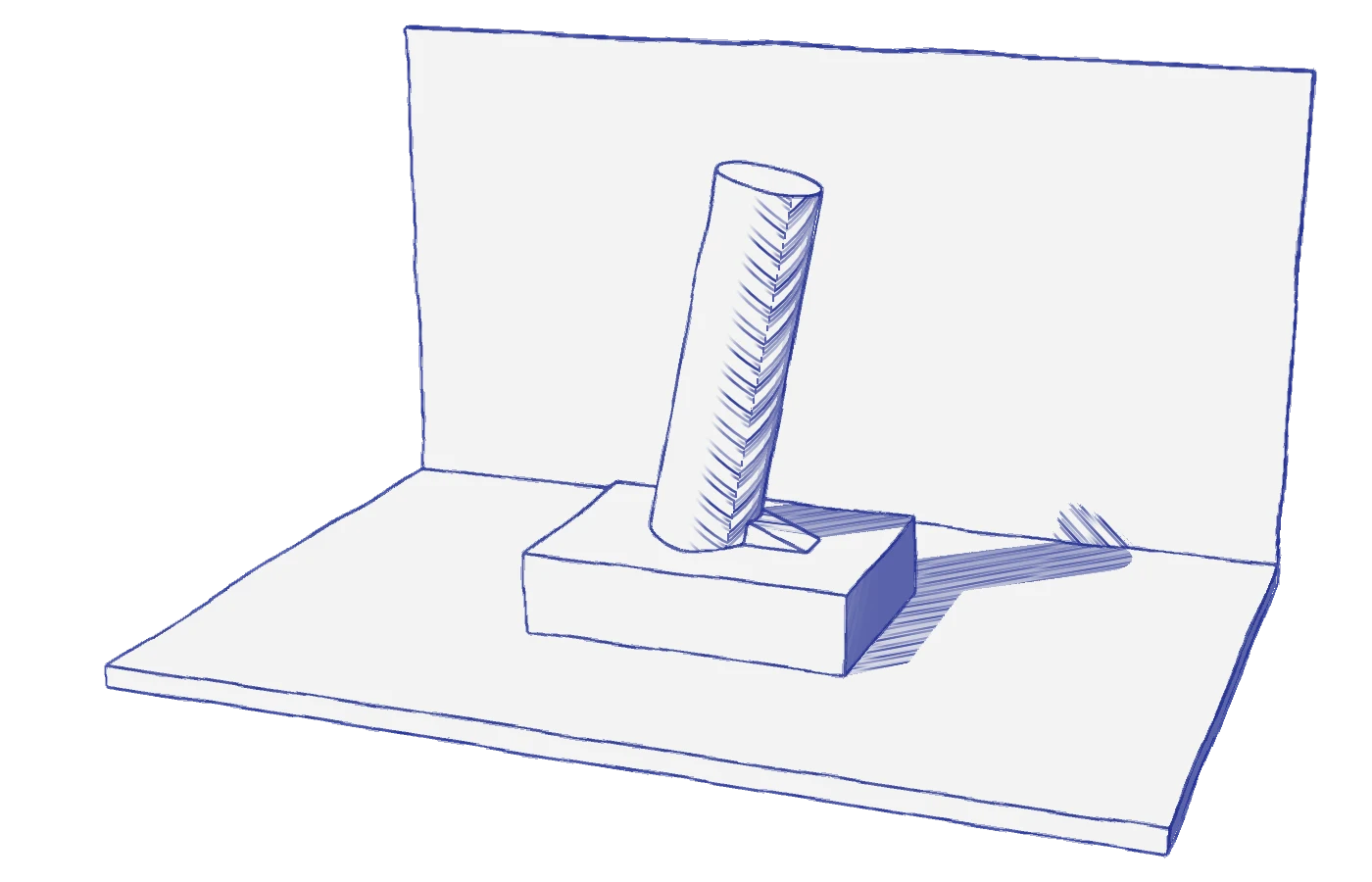 Dessin au stylo : une colonne inclinée sur un socle, calée par une petite cale.
