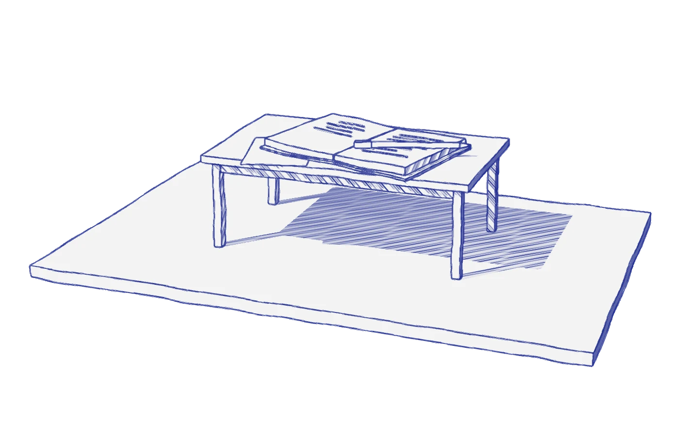 Dessin au stylo : un livre ouvert sur une table, un stylo en travers de la page.