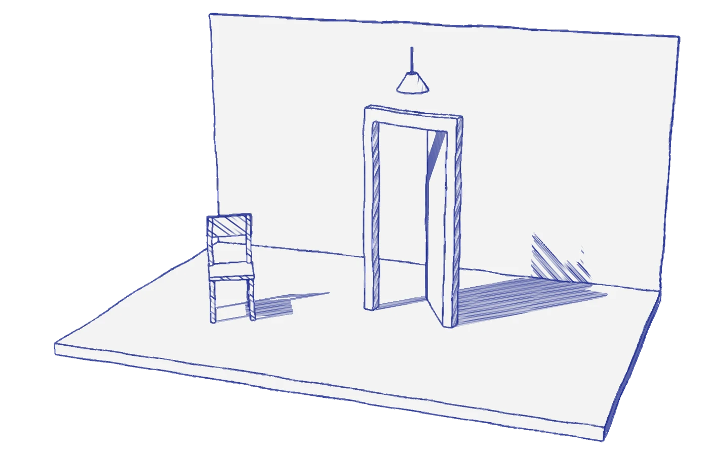 Dessin au stylo : un cadre de porte isolé sur un plateau nu, une chaise, une lampe suspendue.