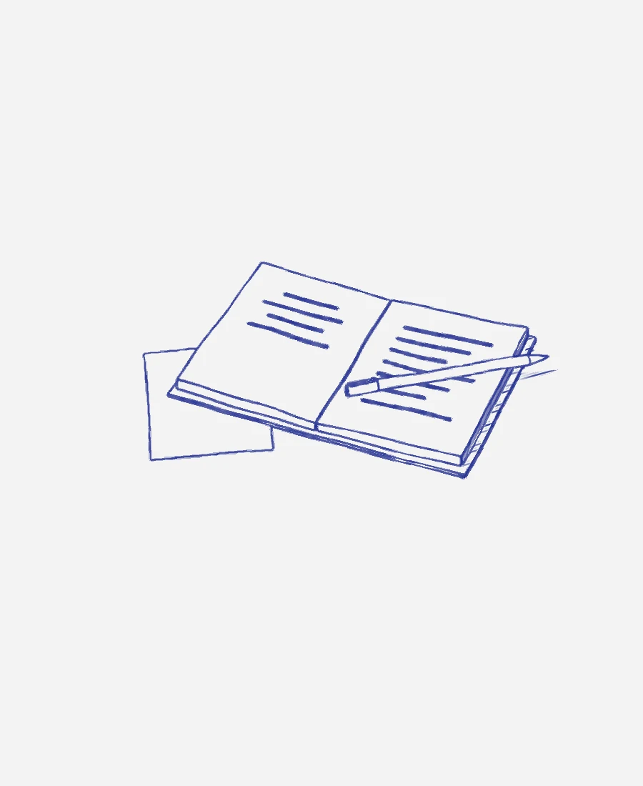 Dessin au stylo d’un carnet ouvert, un stylo posé en travers de la page.