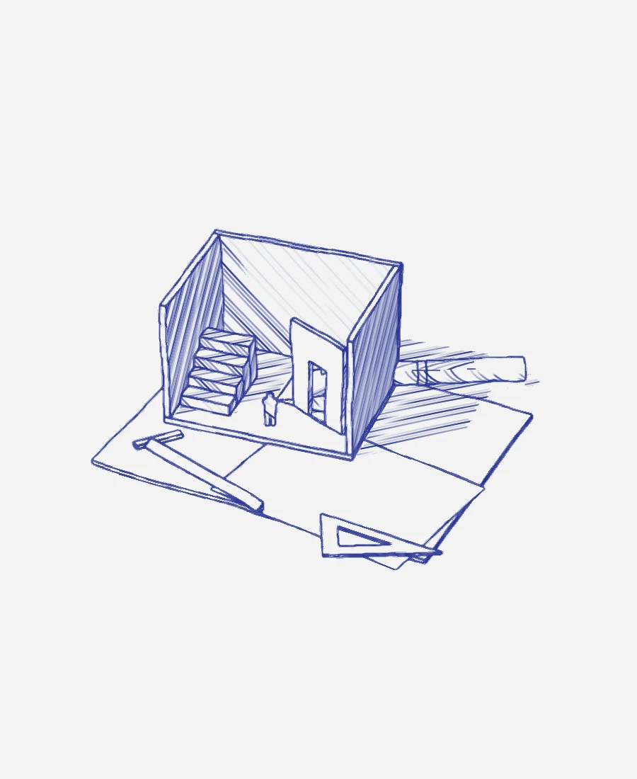 Dessin au stylo d’une maquette d’étude en carton, d’un plan et d’une équerre.