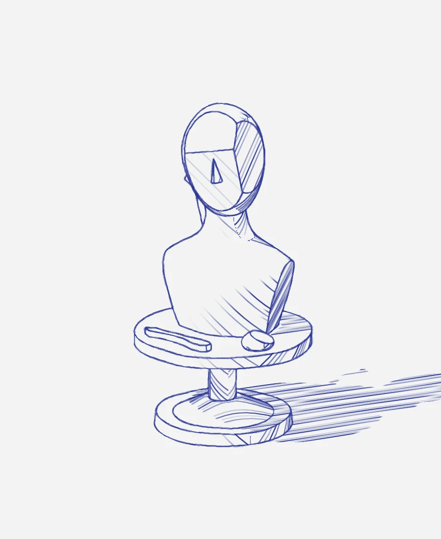 Dessin au stylo d’une tête modelée, posée sur une tournette.