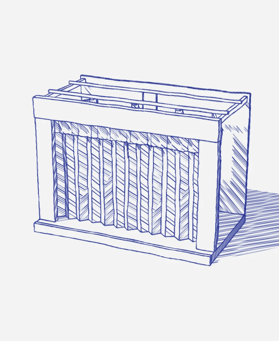 Dessin au stylo d’un petit théâtre de maquette, rideau fermé.