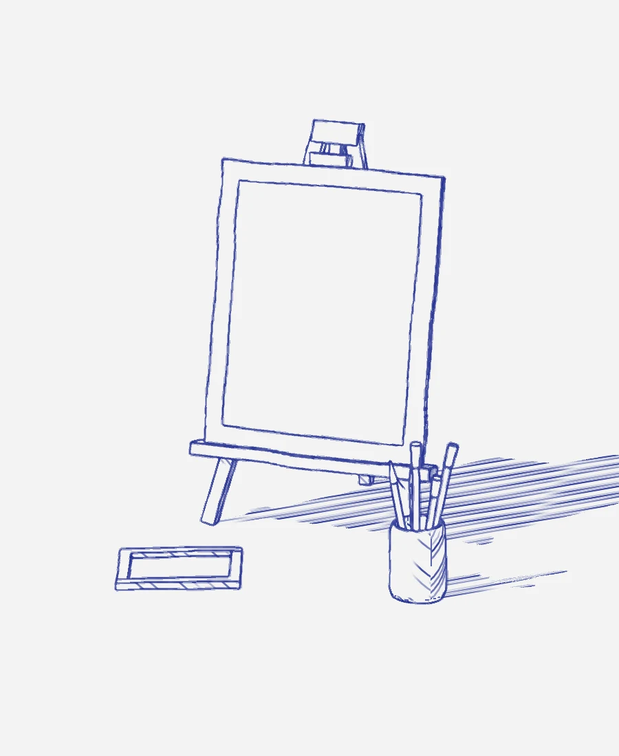 Dessin au stylo d’un chevalet de table portant une planche à dessin.