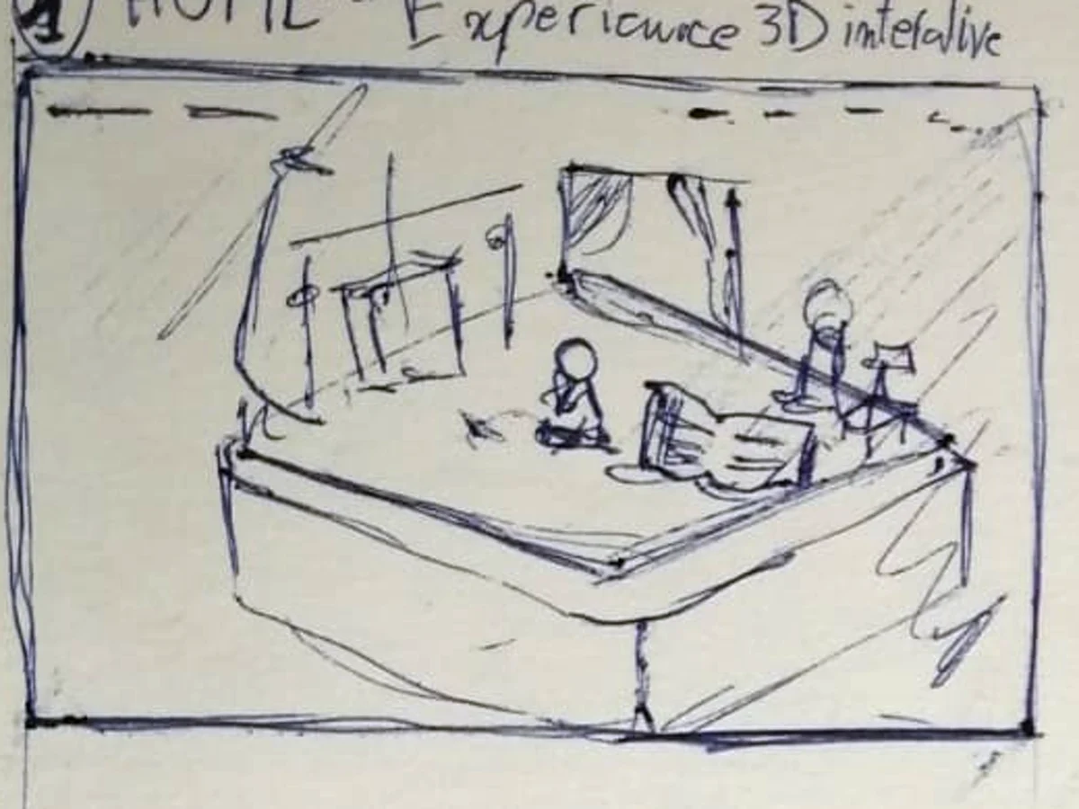 Détail du storyboard : la maquette dessinée par Hind, un socle, une fenêtre à rideaux, un carnet, un personnage assis.